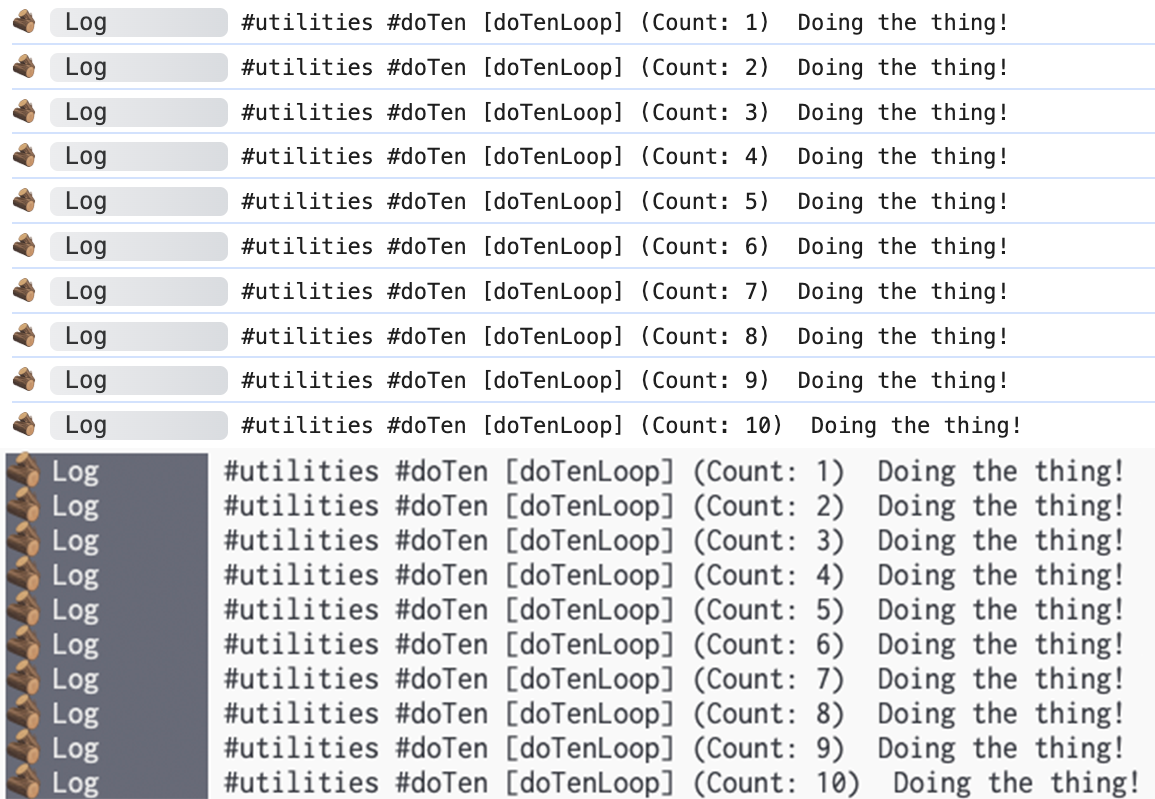 Example of log printed 10 times with a counter