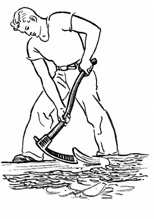 A drawing of a man using an adze to shape a log