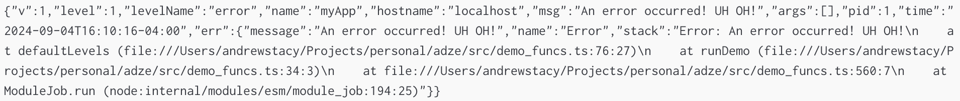 example of a json log with a serialized error