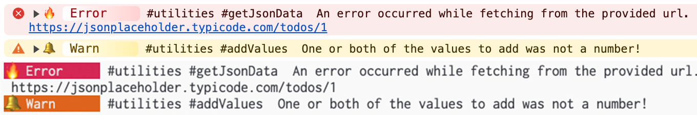 Example output of an error log and warn log with namespaces